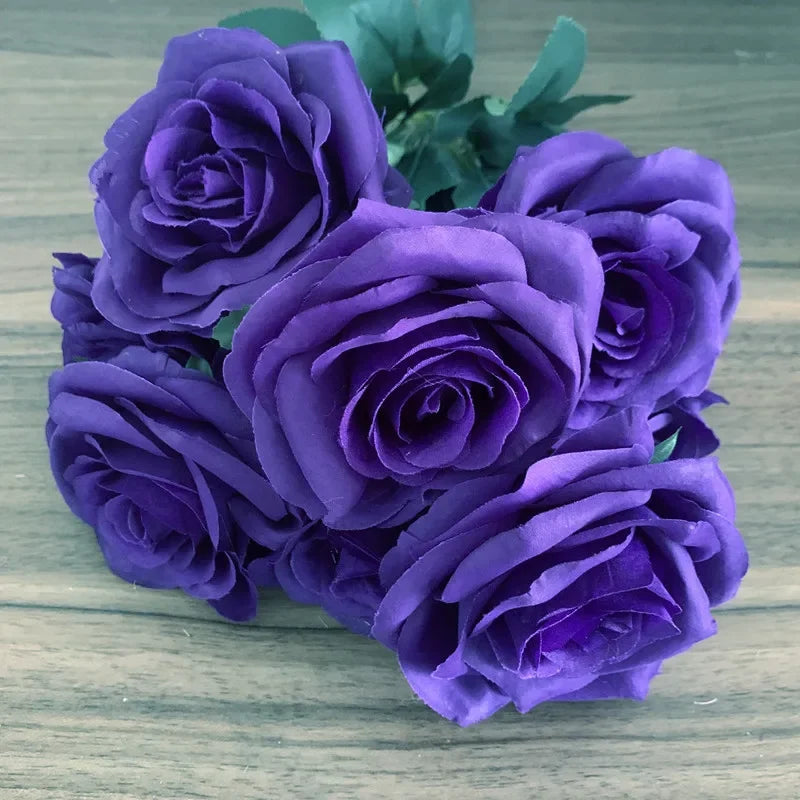 9Heads Roses Bouquet Artificial Flower purple dark purple Rose Fake Rose Living Room Decoration Wedding Livingroom decor Love