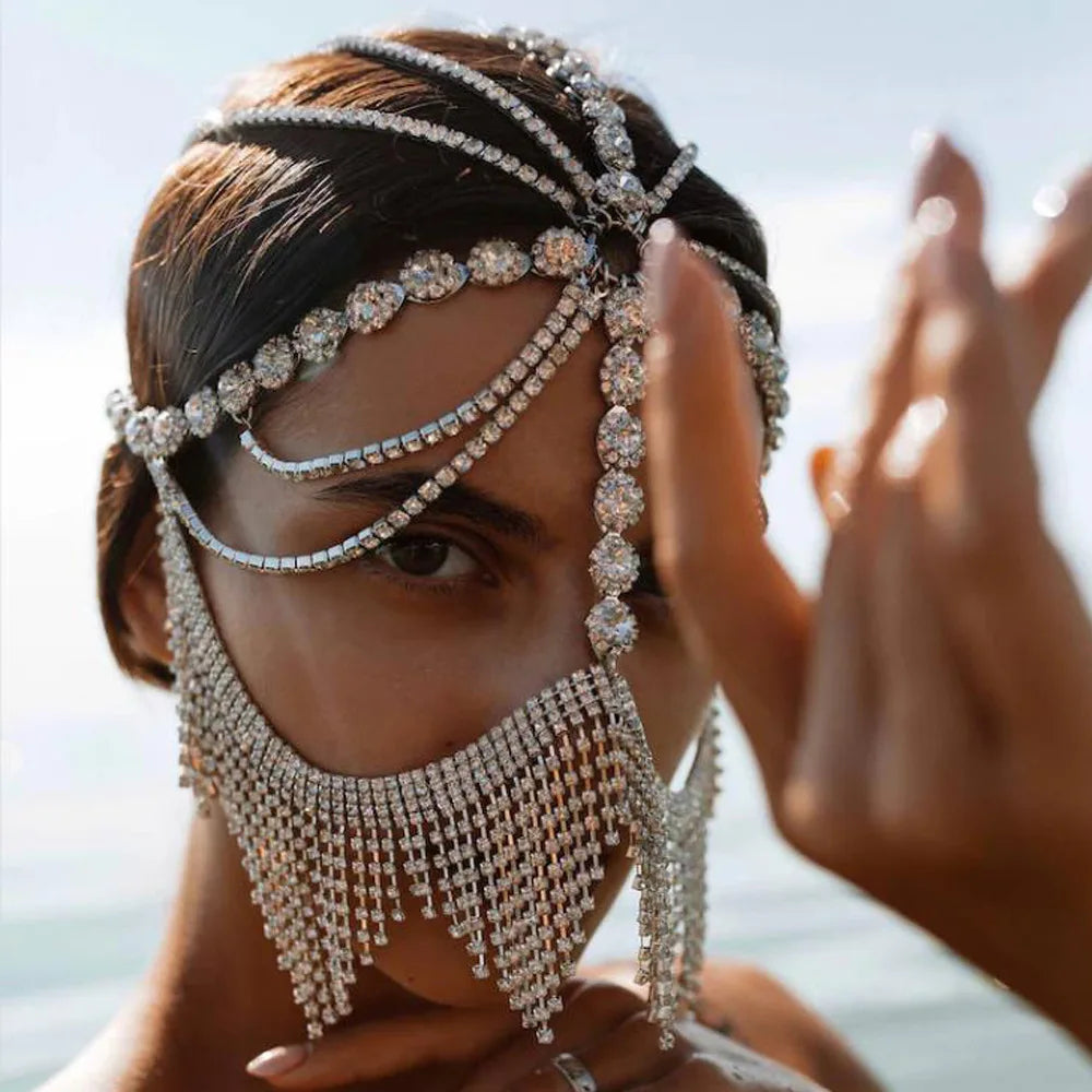 Fashion Charming Rhinestone Tassel Veil Masks for Women Bohe Face Jewelry Chain Masquerade Dance Party Sexy Costume Accessories