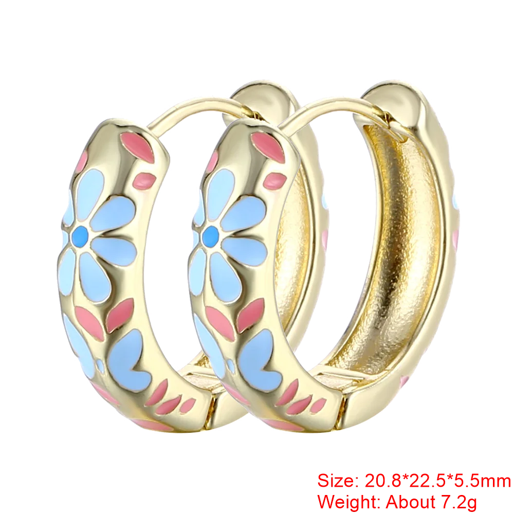 Juya 18K Real Gold Plated Handicraft Bohemia Bridal Handmade Colorful Enamel Daisy Flower Hoop Earrings Women Prevent Allergy