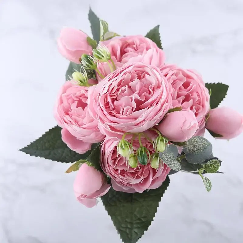 30cm Rose Pink Silk Peony Artificial Flowers Bouquet 5 Big Head Cheap Fake  Wedding Decorate