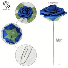 30pcs Artificial Blue Rose Flowers Fake Foam Roses With Stems Wedding Party DIY Decoration Faux Flower Boho Home Room Vase Decor