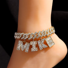 Hip Hop DIY Name Miami Cuban Link Chain Letter Anklet for Women Full Rhinestone Baguette Alphabe Ankle Bracelet Birthday Jewelry