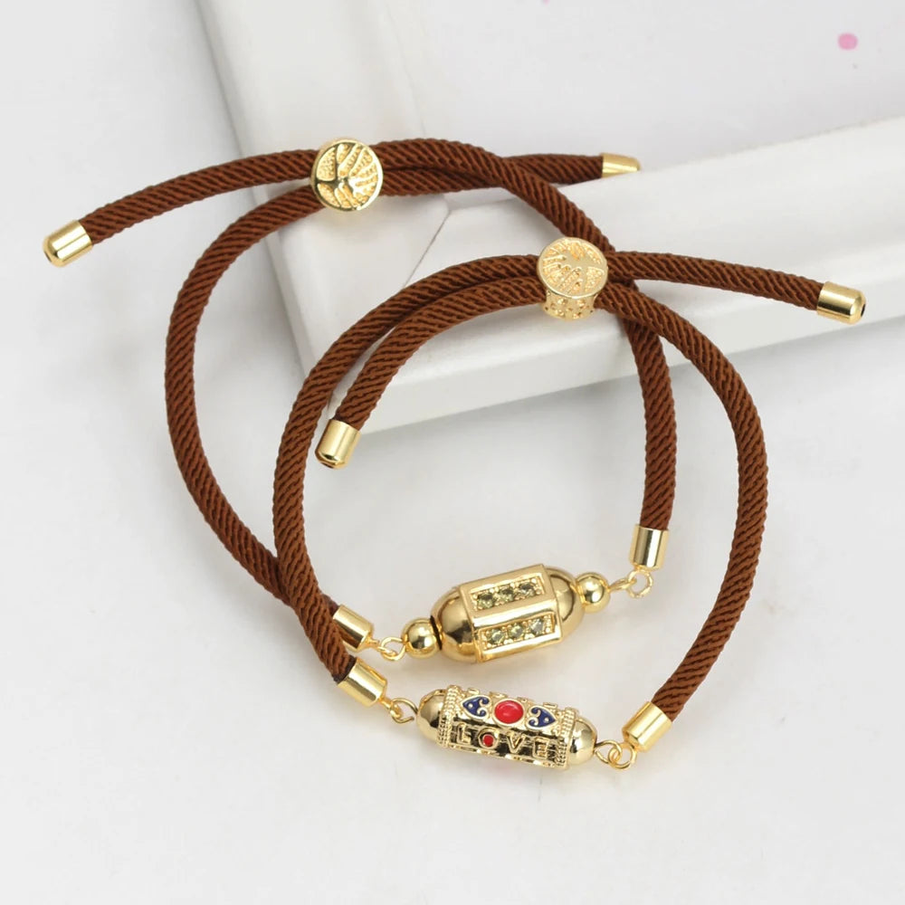 Enamel Tube Spacer Colored Zircon Beads Charm Bracelet For Women Adjustable Leaf Buckle Pull Rope Boho Summer Beach Jewelry Gift