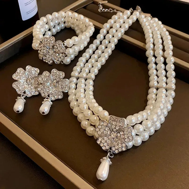 Flower Party Necklaces Women French Luxury Imitation Pearl Multi-layer Necklaces Bracelet Earrings Shiny Rhinestone Jewelry Sets