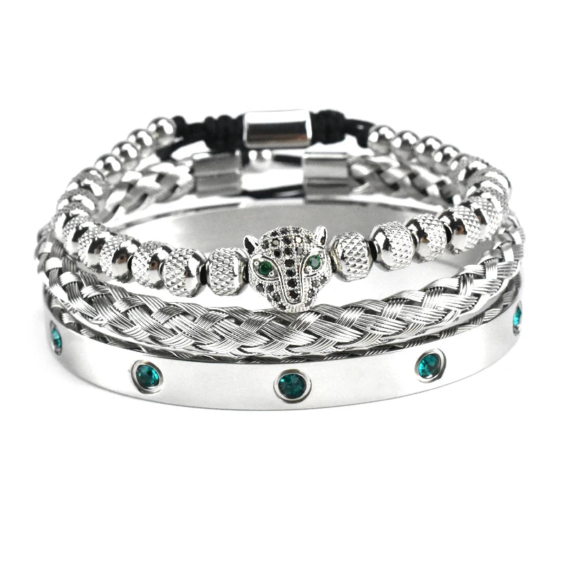 Luxury Set Green Eye Leopard Head Charm Handmade Man Bracelet Crystals Women Stainless Steel Bangles Jewelry