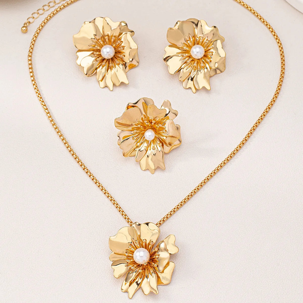 Flower Jewelry Set Gold Color Metal Pearl Petal Pendant  Necklace Earring Ring for Women Party Wholesale Accessories