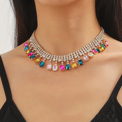 FYUAN Square Colorful Crystal Choker Necklaces for Women Geometric Clavicle Chain Necklaces Statements Jewelry