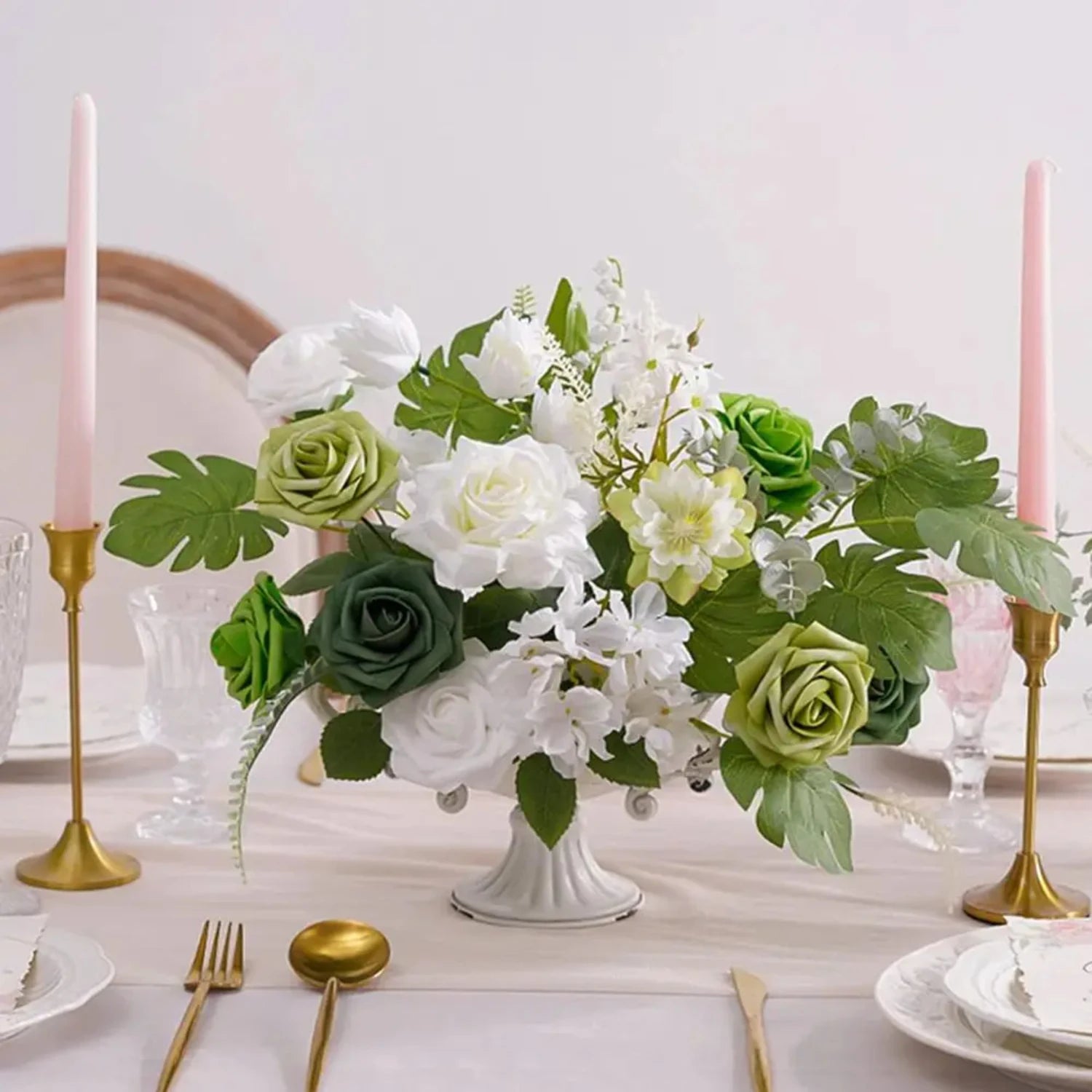 Green Artificial Flowers White Rose Fake Flowers   Room Decor Party Garden Wedding Decoration Bouquet Garland Accessories Roses
