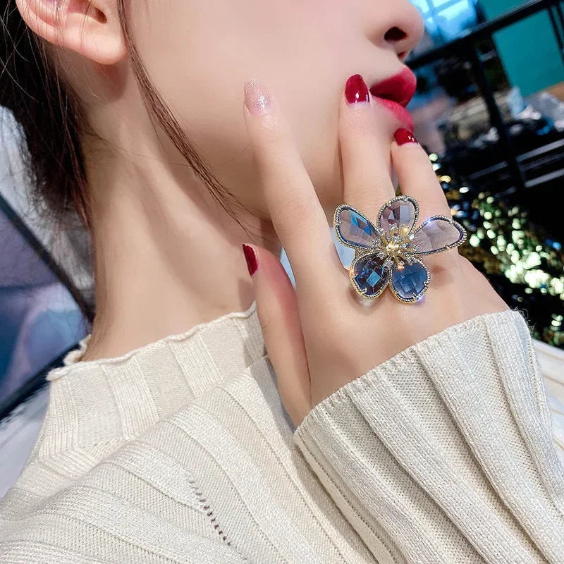 Fashion Elegant Crystal Flower Open Ring for Women 2024 New Luxury Wedding Party Jewelry Accessories Christmas Gifts