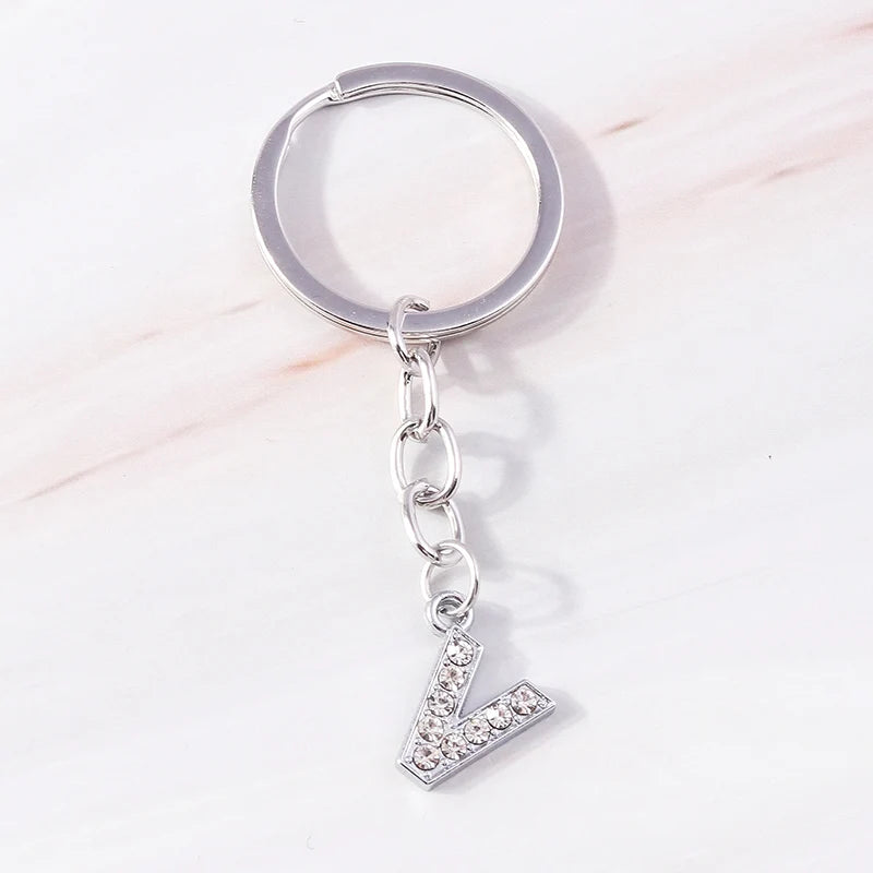 Fashion Charms 26 English Letters A-Z Alphabet Keychain Crystal Rhinestones Alloy Key Rings Gift for Handbag Jewelry DIY