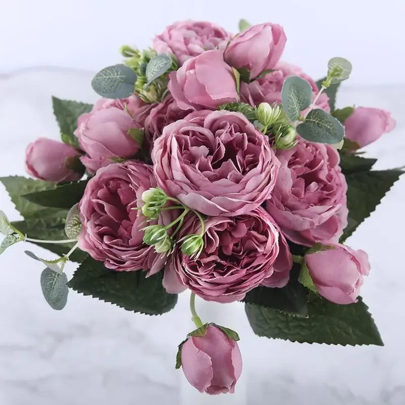 30cm Rose Pink Silk Peony Artificial Flowers Bouquet 5 Big Head Cheap Fake  Wedding Decorate