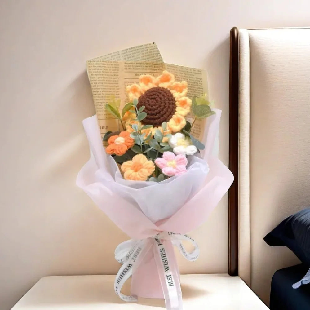 Artificial Flower Crochet Bouquet Handmade Anniversary Sunflower Daisy Bouquet Mothers Day Birthday Gift Eternal Flower