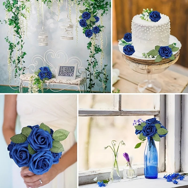 30pcs Artificial Blue Rose Flowers Fake Foam Roses With Stems Wedding Party DIY Decoration Faux Flower Boho Home Room Vase Decor