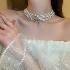 FYUAN Korean Style Multilayer Pearl Choker Necklaces for Women Crystal Zircon flowers Necklaces Weddings Bride Jewelry