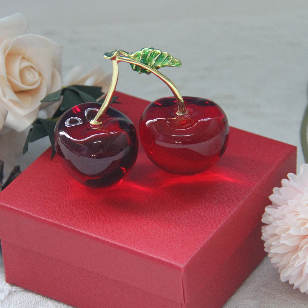 Crystal Cherry Figurine Glass Fruit Status Paperweight Home Decor Ornaments Tabletop Centerpiece