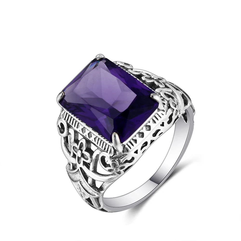 Silver Rings Amethyst Zircon Women Hollow Out Design Fine Jewelry Bridal Wedding Engagement Ring Accessory