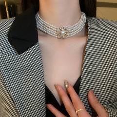 FYUAN Korean Style Multilayer Pearl Choker Necklaces for Women Crystal Zircon flowers Necklaces Weddings Bride Jewelry