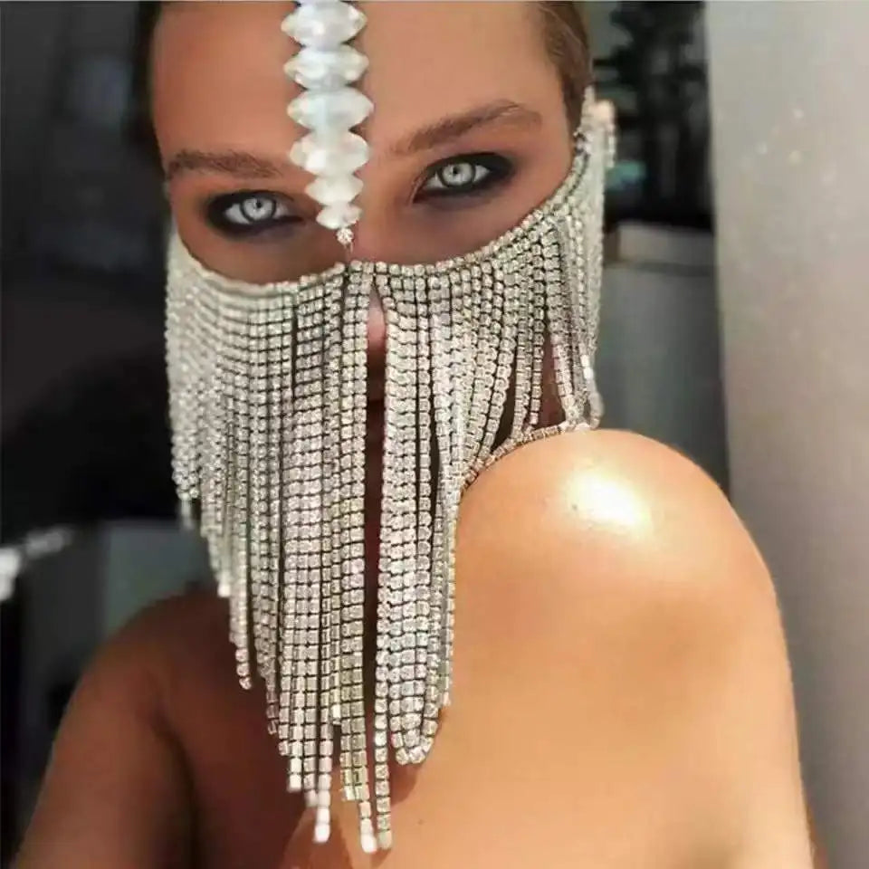 Fashion Charming Rhinestone Tassel Veil Masks for Women Bohe Face Jewelry Chain Masquerade Dance Party Sexy Costume Accessories
