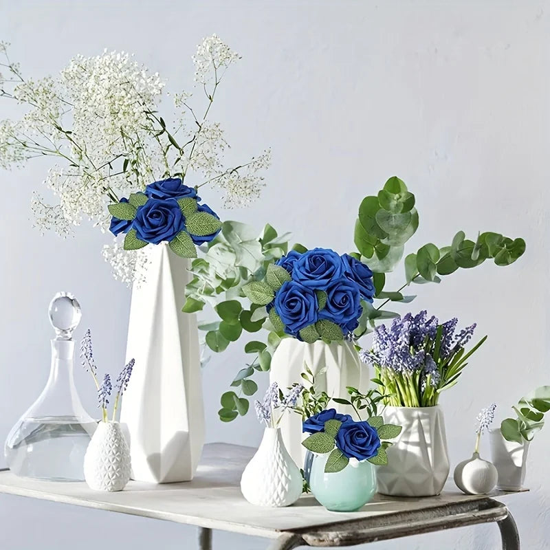 30pcs Artificial Blue Rose Flowers Fake Foam Roses With Stems Wedding Party DIY Decoration Faux Flower Boho Home Room Vase Decor