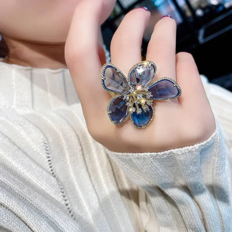 Fashion Elegant Crystal Flower Open Ring for Women 2024 New Luxury Wedding Party Jewelry Accessories Christmas Gifts