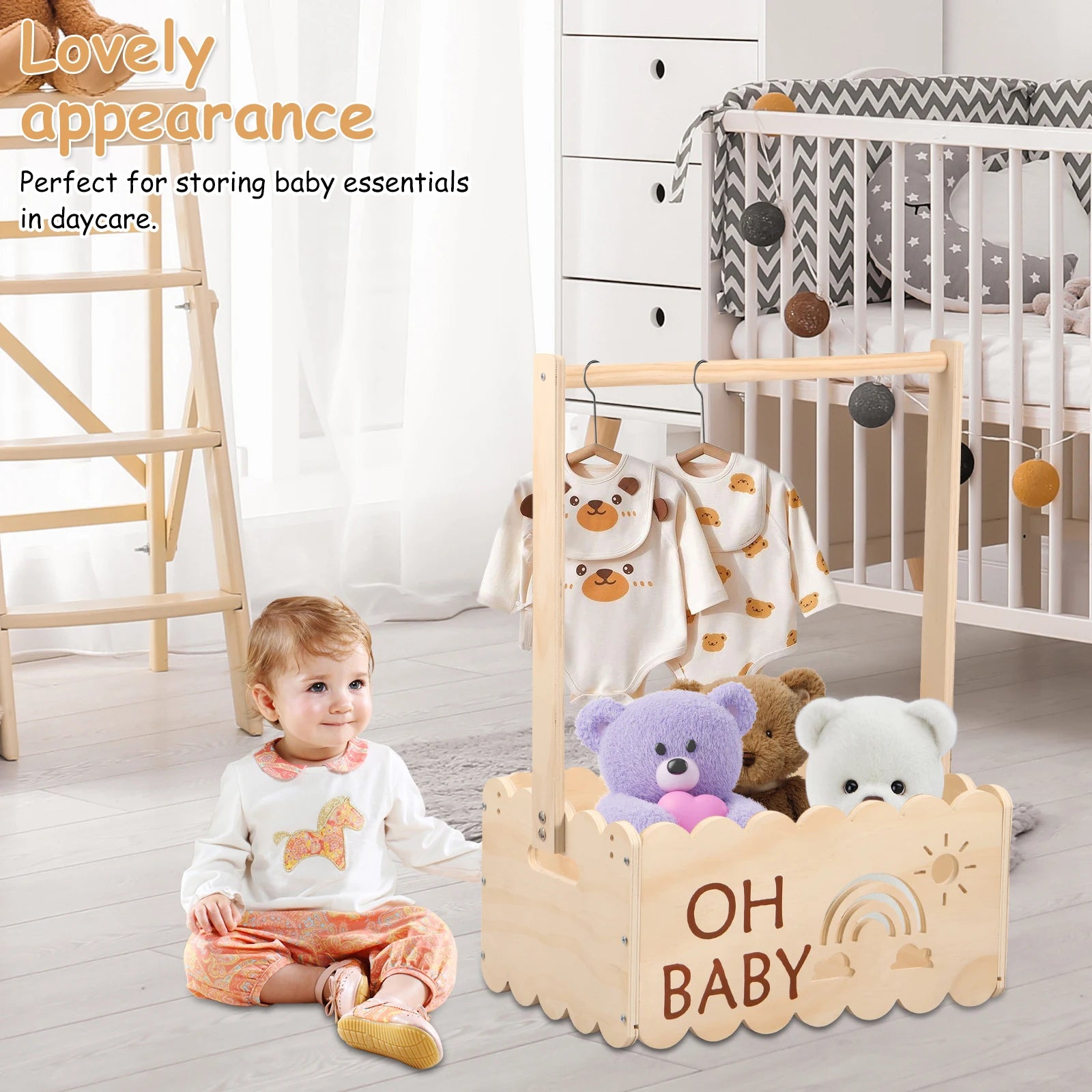 Wood Baby Shower Crate Closet Baby Shower Basket with Handle Practical Multipurpose Gift Basket for Boys Girls New Parents