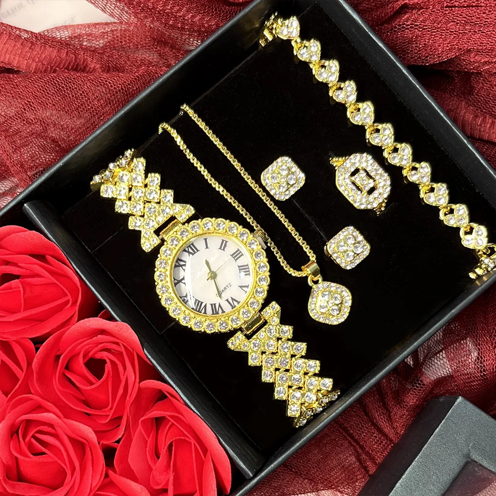 1set Luxury Wrist watch Jewelry Gift Box Fashion Quartz Watch Rhinestone Jewelry Set(With Box) Wedding Birthday Party Supplies