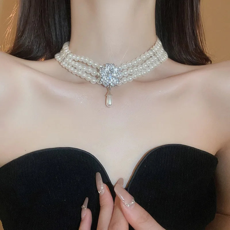Flower Party Necklaces Women French Luxury Imitation Pearl Multi-layer Necklaces Bracelet Earrings Shiny Rhinestone Jewelry Sets