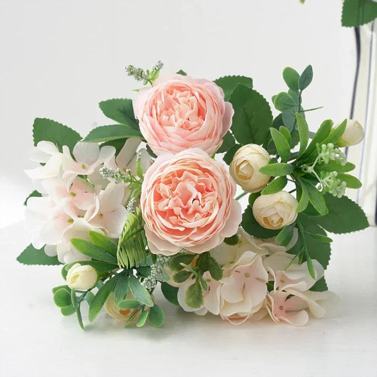 Blue Silk Bouquets Artificial Forest Hydrangea Peony Bud Wedding Bride Hand Bouquet Home Garden Desktop Flower Arrangement Decor