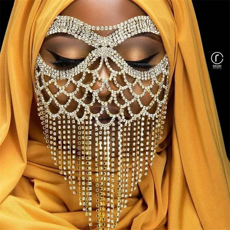 Fashion Charming Rhinestone Tassel Veil Masks for Women Bohe Face Jewelry Chain Masquerade Dance Party Sexy Costume Accessories