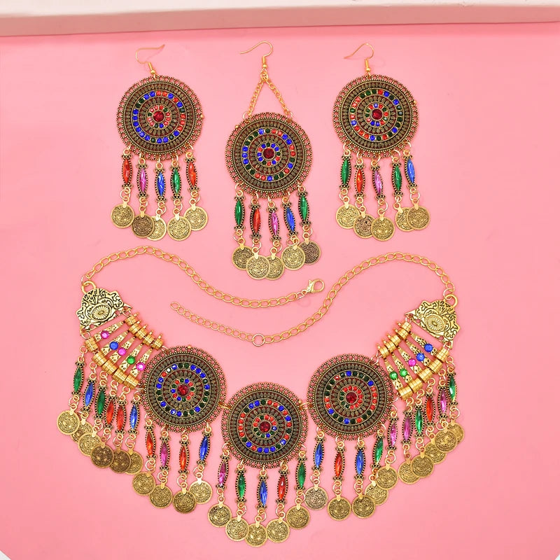 3PC Indian Afghan Jewerly Sets for Women Boho Ethnic Hairbands Necklace Earrings Coins Tassels Vintage Colorful Crystal Drop