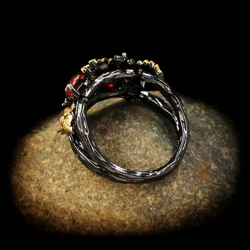 New Exquisite Leaf Flower Color Zircon Ladies Women's Ring Jewelry Black Gold Two-color Red Zircon Ring Ladies Ring