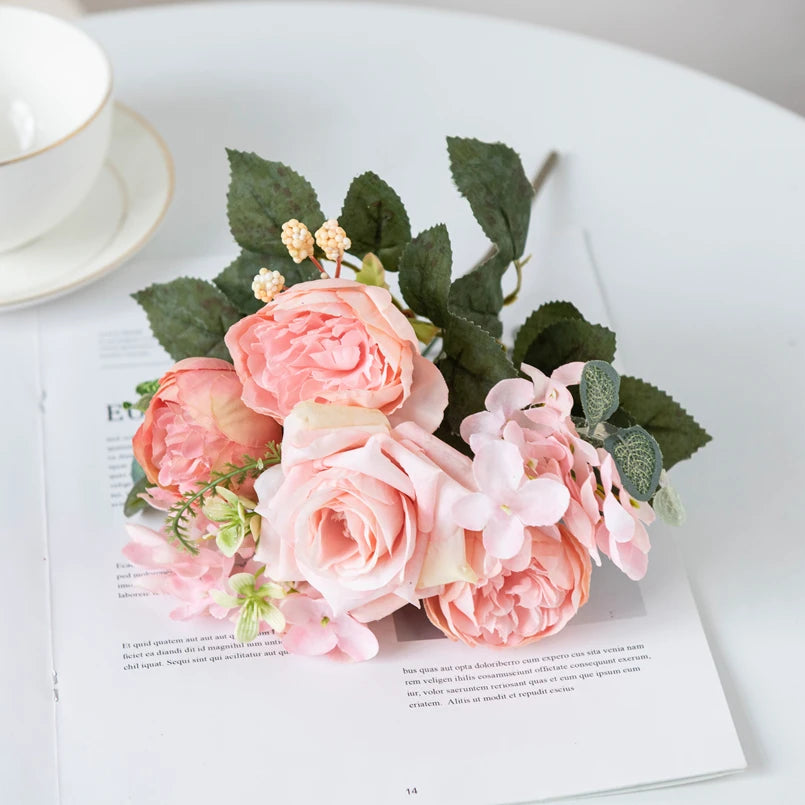 Cheap Silk Hydrangea Spring Wedding Garden Roses Bridal Bouquet Festival Decoration Vase Home Room Fake Peony Artificial Flowers