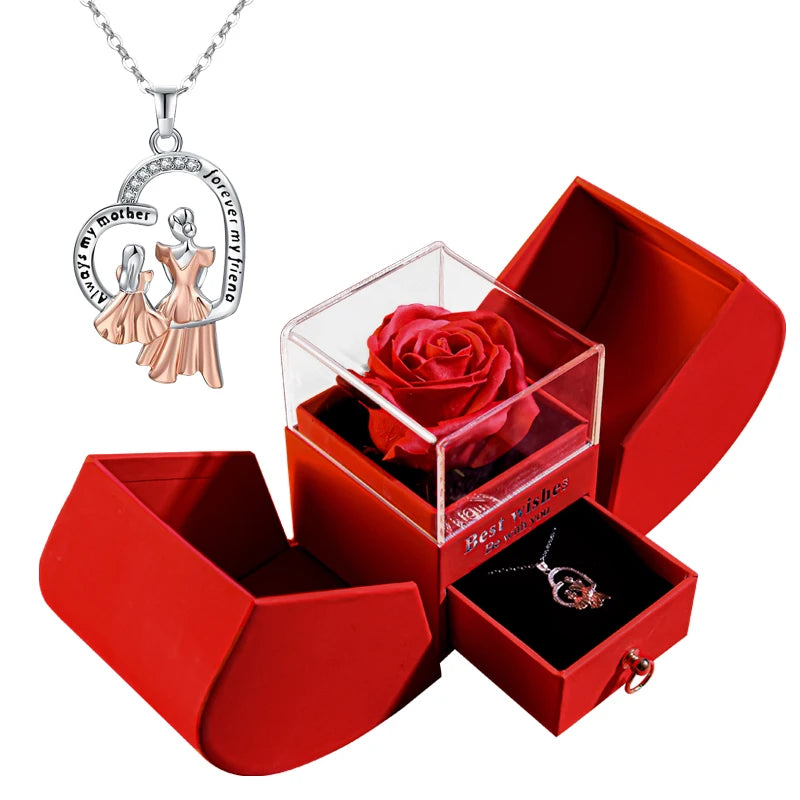 Gift for Women Eternal Rose Gift Box /w Heart Shiny Diamond Necklace Pendant Jewelry Box Set for Wedding Birthday Gift