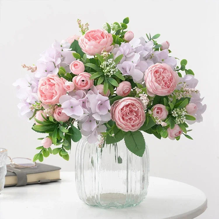 Blue Silk Bouquets Artificial Forest Hydrangea Peony Bud Wedding Bride Hand Bouquet Home Garden Desktop Flower Arrangement Decor