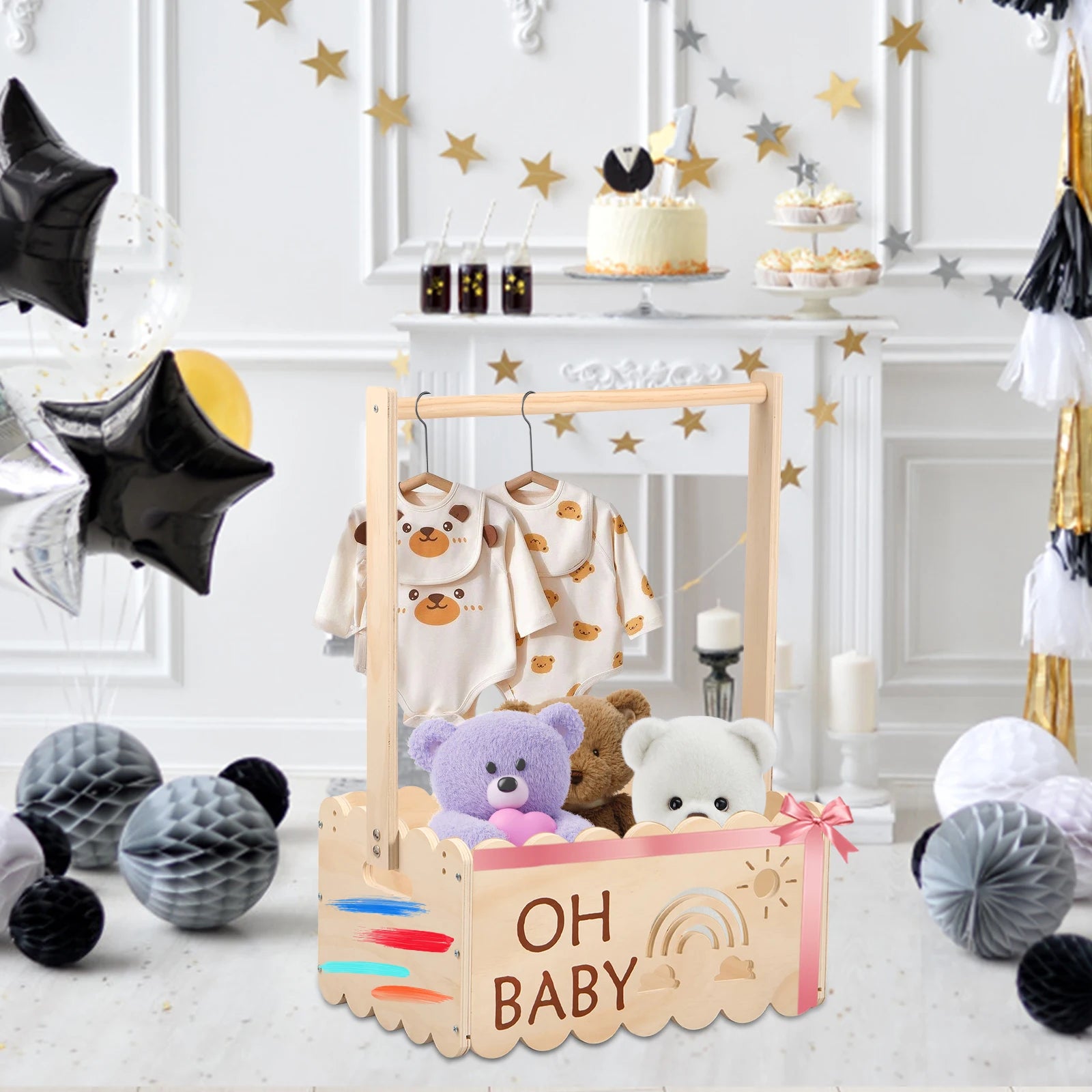 Wood Baby Shower Crate Closet Baby Shower Basket with Handle Practical Multipurpose Gift Basket for Boys Girls New Parents