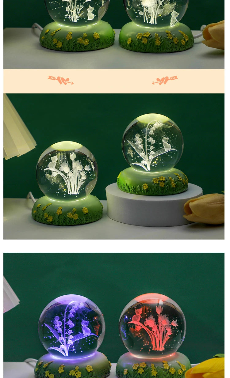 Carved Rose Carnation Flower Crystal Ball Small Night Lamp Home Warm Small Ornaments Birthday Gift Gift