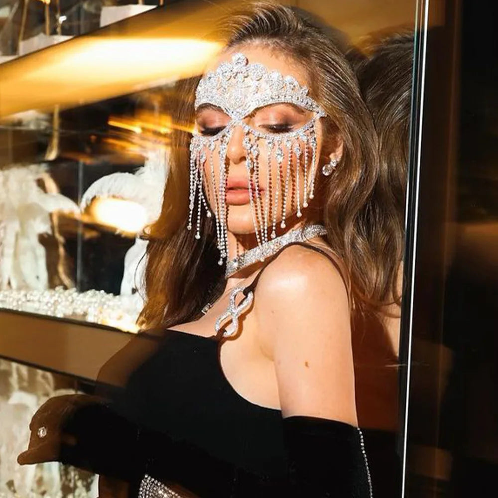 Fashion Charming Rhinestone Tassel Veil Masks for Women Bohe Face Jewelry Chain Masquerade Dance Party Sexy Costume Accessories