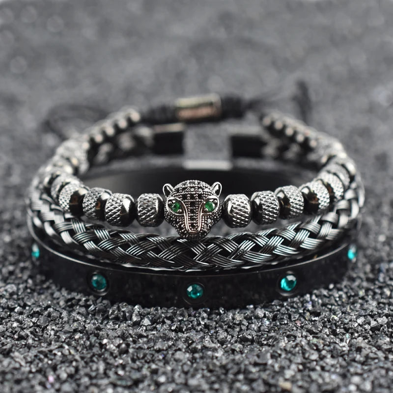 Luxury Set Green Eye Leopard Head Charm Handmade Man Bracelet Crystals Women Stainless Steel Bangles Jewelry