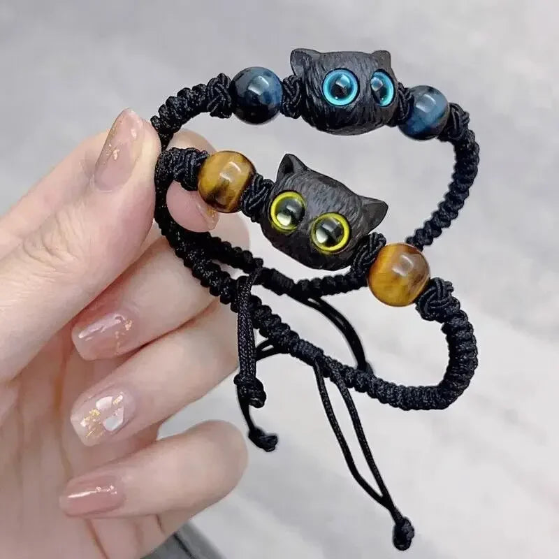 2pcs Cute Natural Stone Black Cat Bracelet for Women Men Fashion Cartoon Animal Beaded Bracelets Handmade Fashion Girl Jewelry